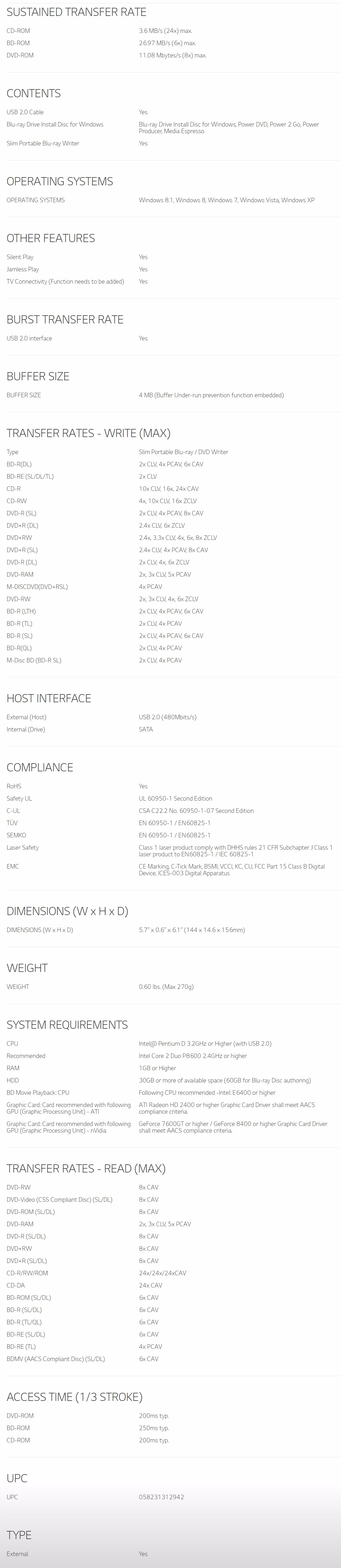 LG BP50NB40 USB BluRay Burner Slim External Optical Drive Retail