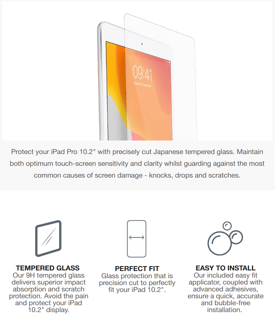 OpticShield 9H Tempered Glass Screen Protector for iPad 10.2 CY3052CPTGL Apple
