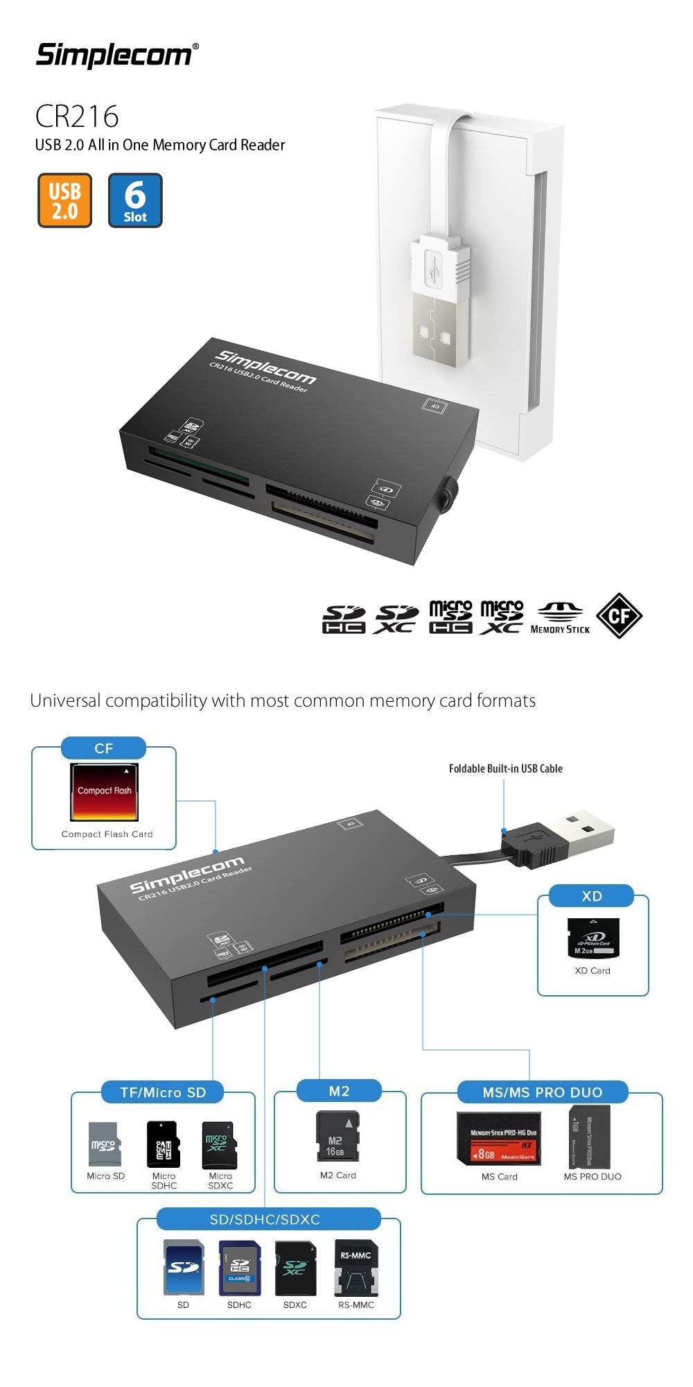 Simplecom CR216 USB 2.0 All in One Memory Card Reader 6 Slot - Black ...