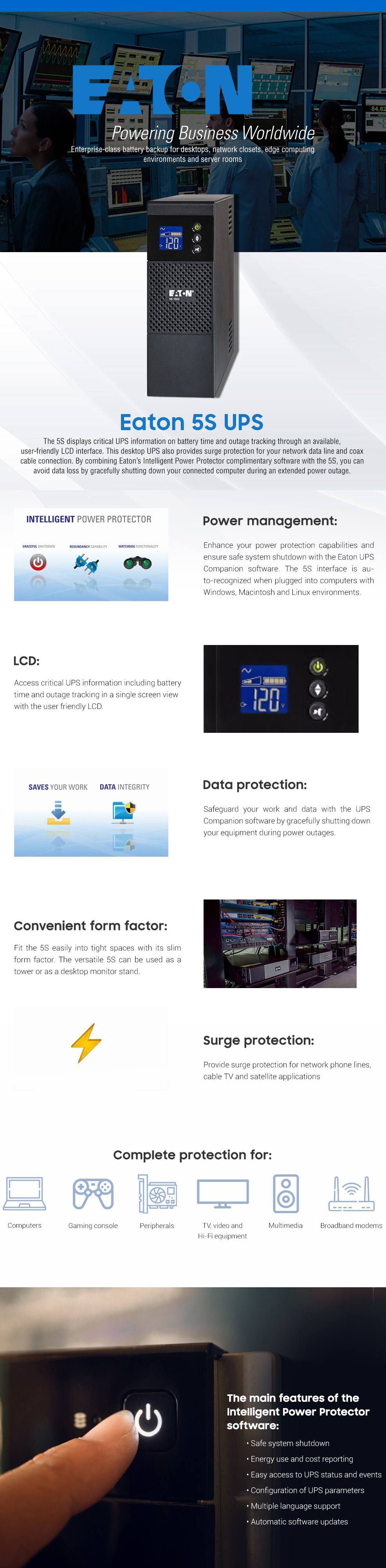 Eaton 750W 1200VA Line Interactive Tower UPS With LCD Display