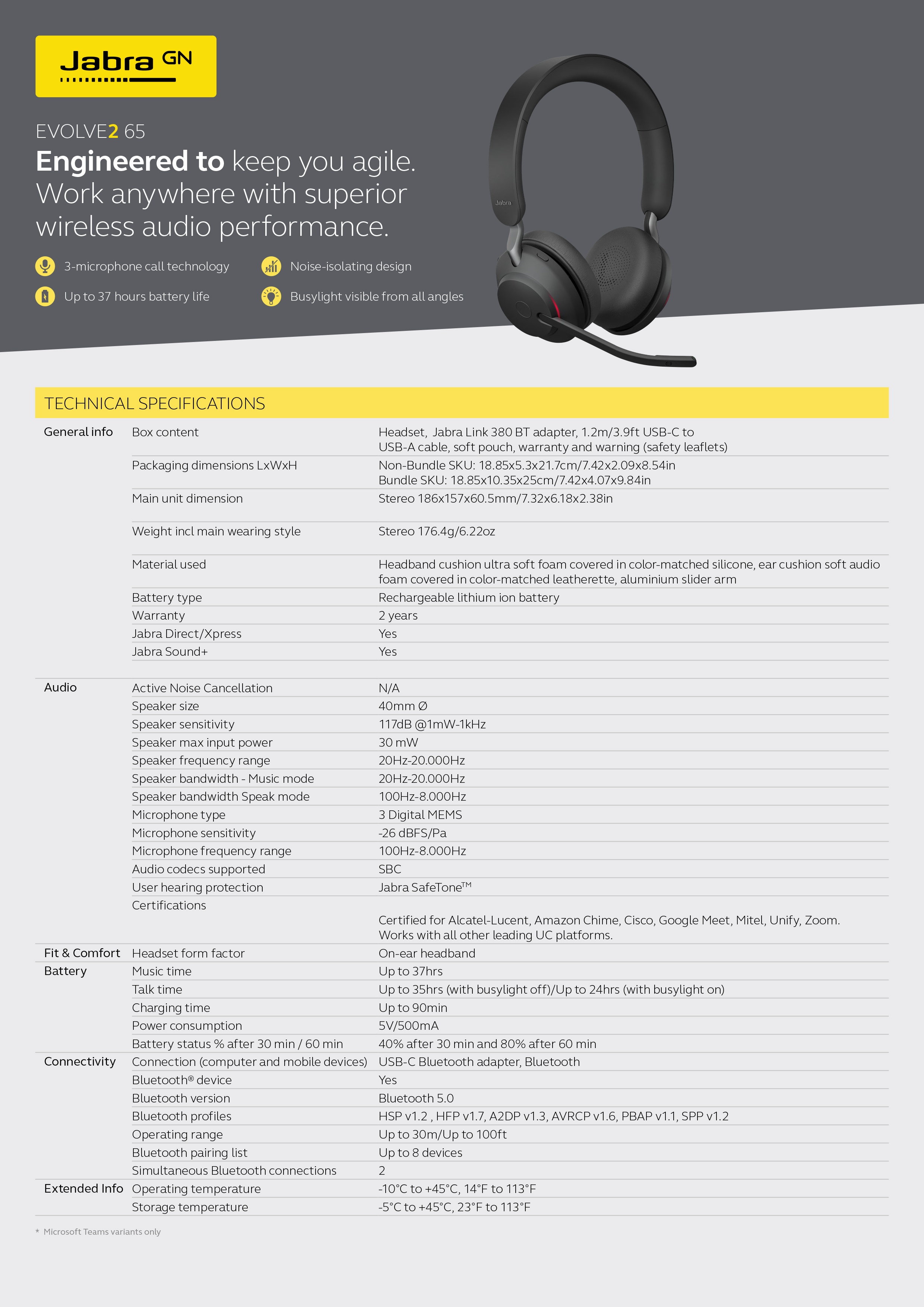 Jabra Evolve2 65 USB-C UC Stereo Bluetooth Headset with Link380c