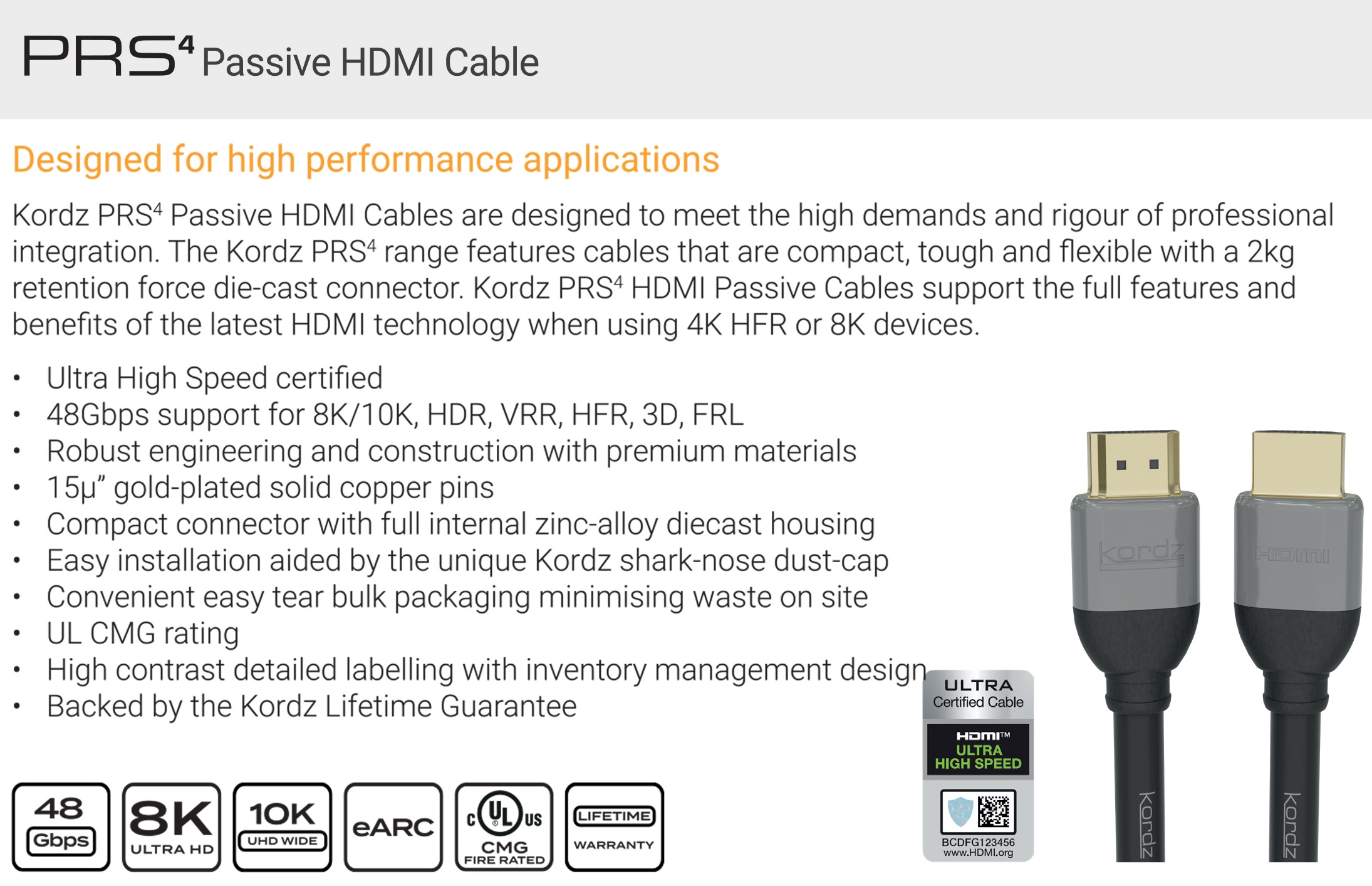 Kordz 0.5m 48Gbps 8K PRS4 Passive HDMI Cable Monitor Cables