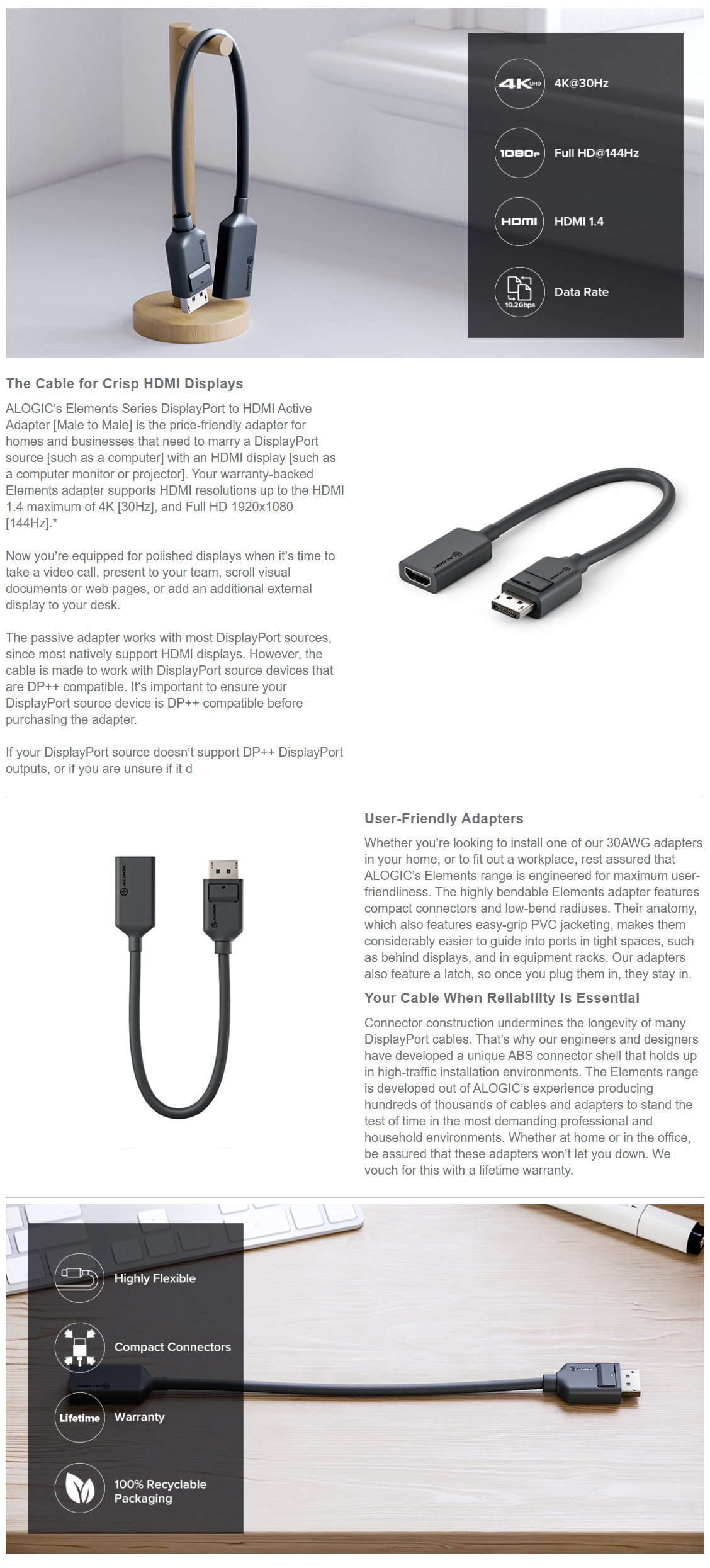 Alogic 20cm Elements DisplayPort to HDMI Adapter | Monitor Cables