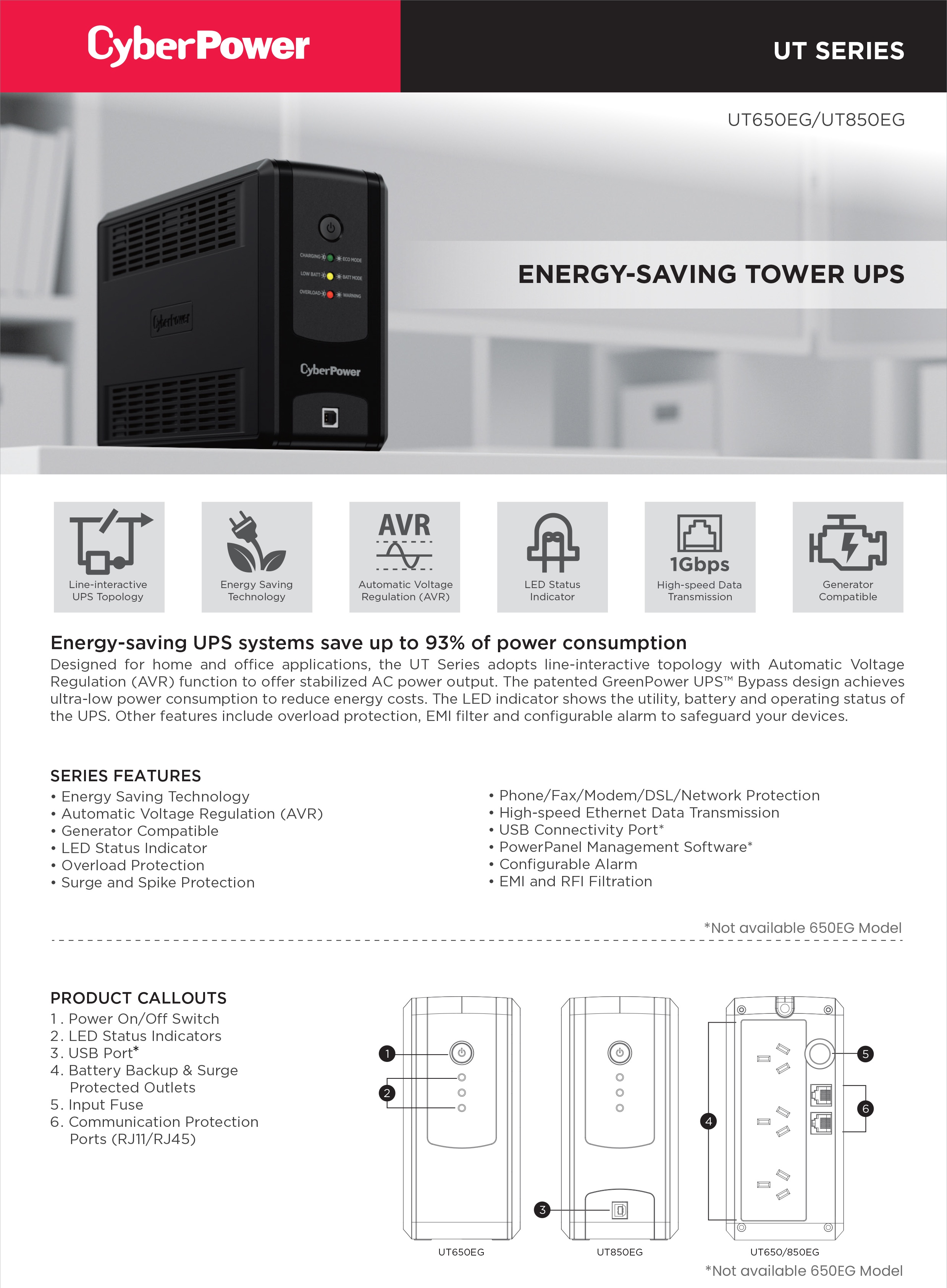 CyberPower UT650EG 650VA/360Watt UPS - Uninterruptible Power Supply ...