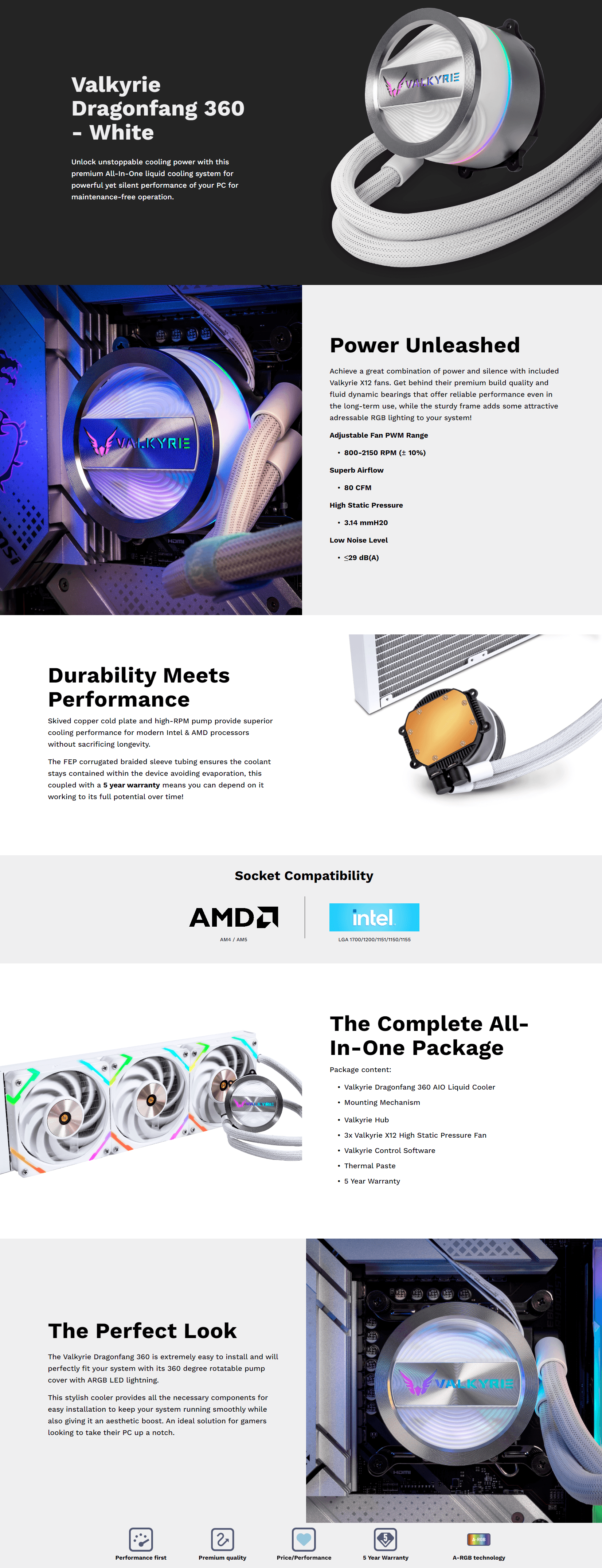 Valkyrie Dragonfang 360 GL360 Liquid CPU Cooler - White | Fast Delivery