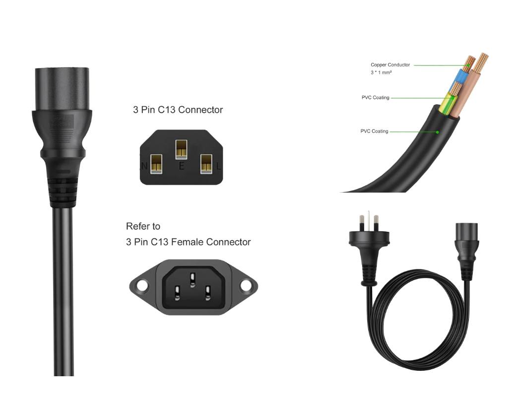 Cruxtec 3m 3 Pin AU Male to Female IEC-C13 Power Cable [PTP-100-3MBK]