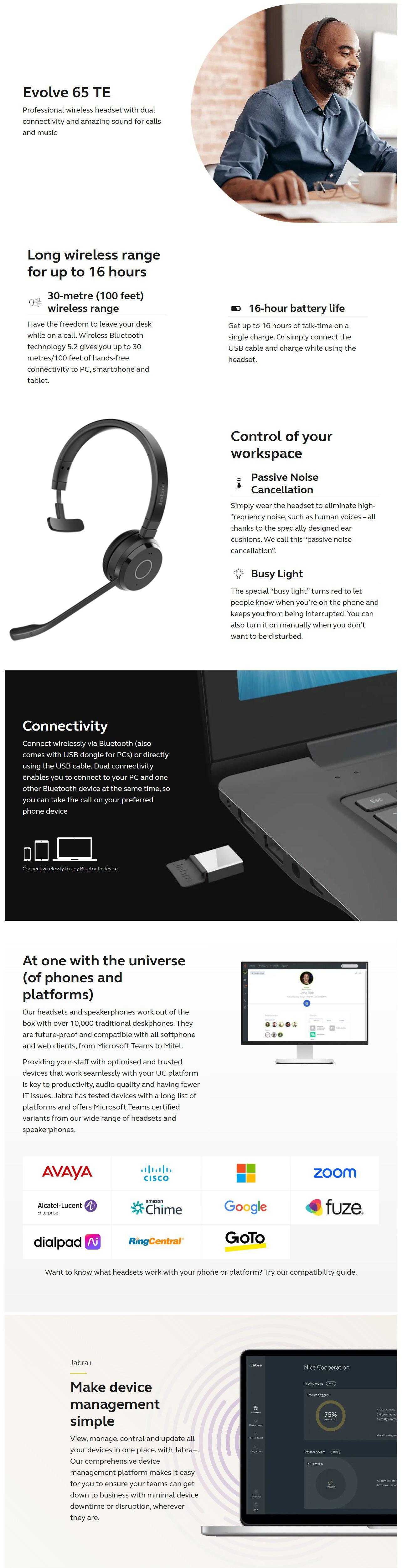 Jabra Evolve 65 TE Wireless UC-Certified Mono USB-A Headset with