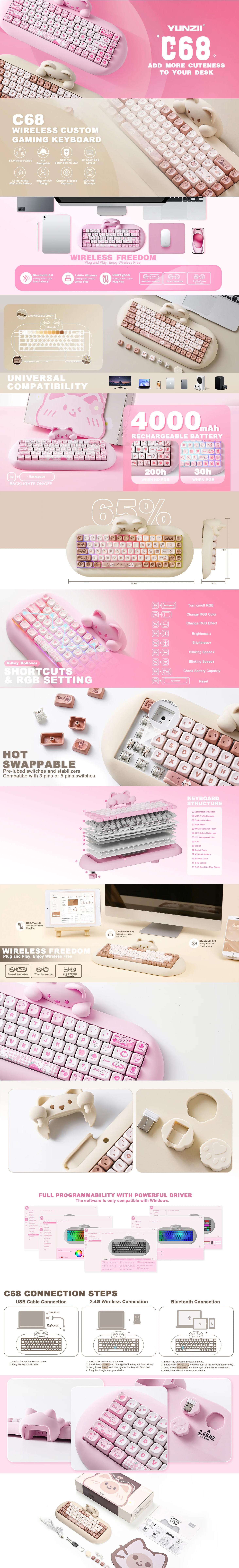 YUNZII C68 Hi-Fi Tri-Mode Hot-Swap Wireless Milk Switch Mechanical