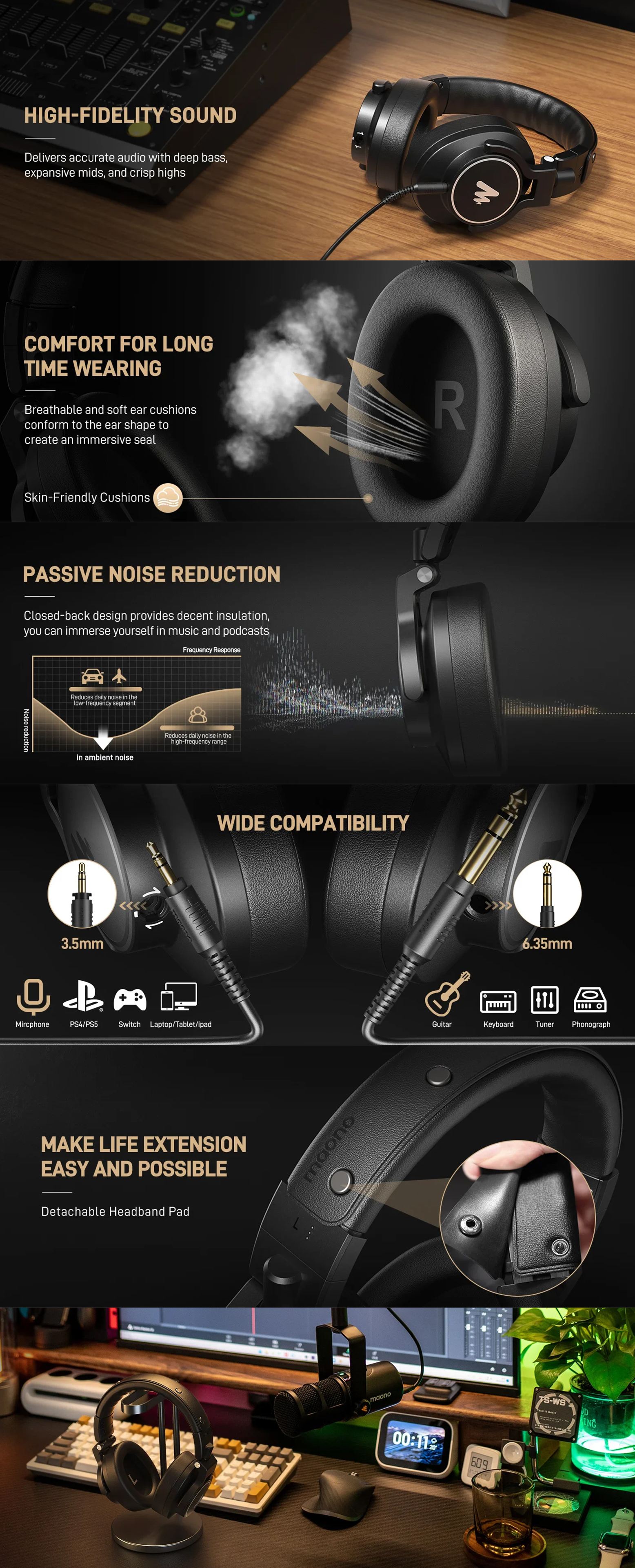 Maono MH700 Wired 3.5mm/6.35mm Monitoring Headphones - Black [MNMH700BK]
