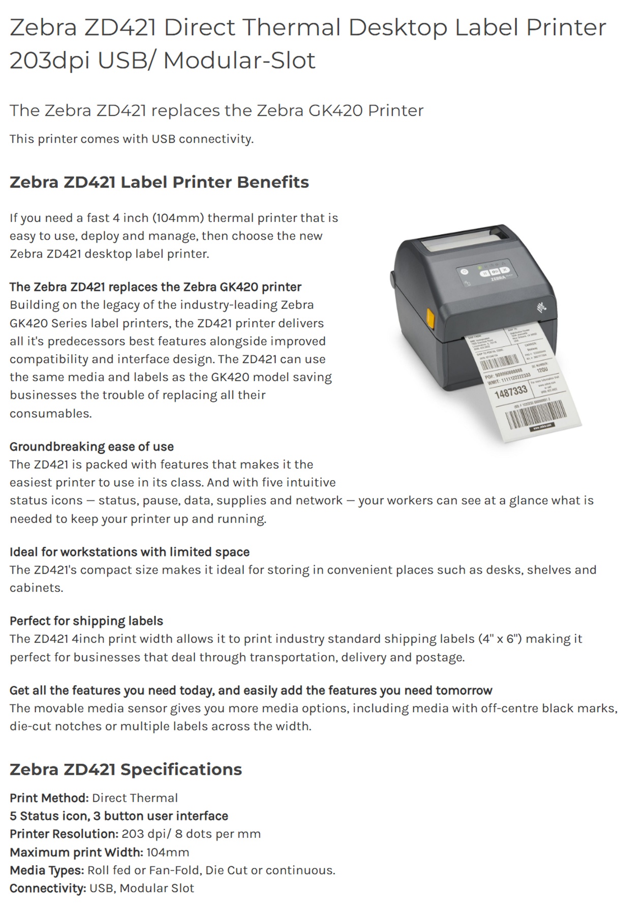 Zebra ZD421 Thermal Desktop Label Printer [ZD4A042-D0PM00EZ]