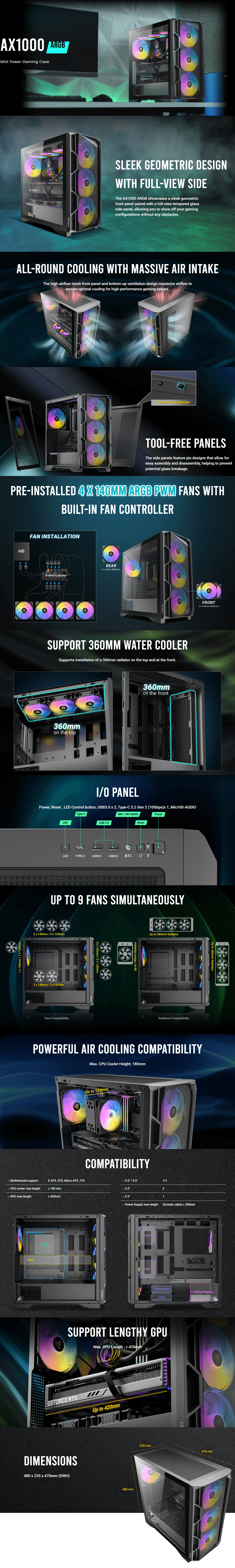 Antec AX1000 ARGB Mid-Tower Gaming Case - Black [AX1000 ARGB]