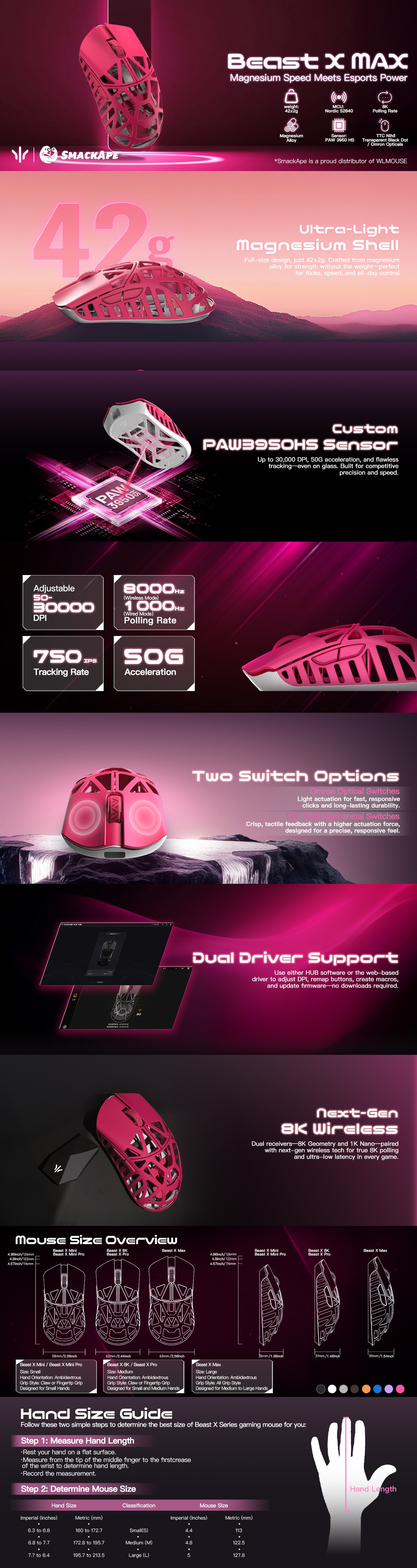 WLMOUSE Beast X Max 8K Magnesium Opticals Switch Gaming Mouse 