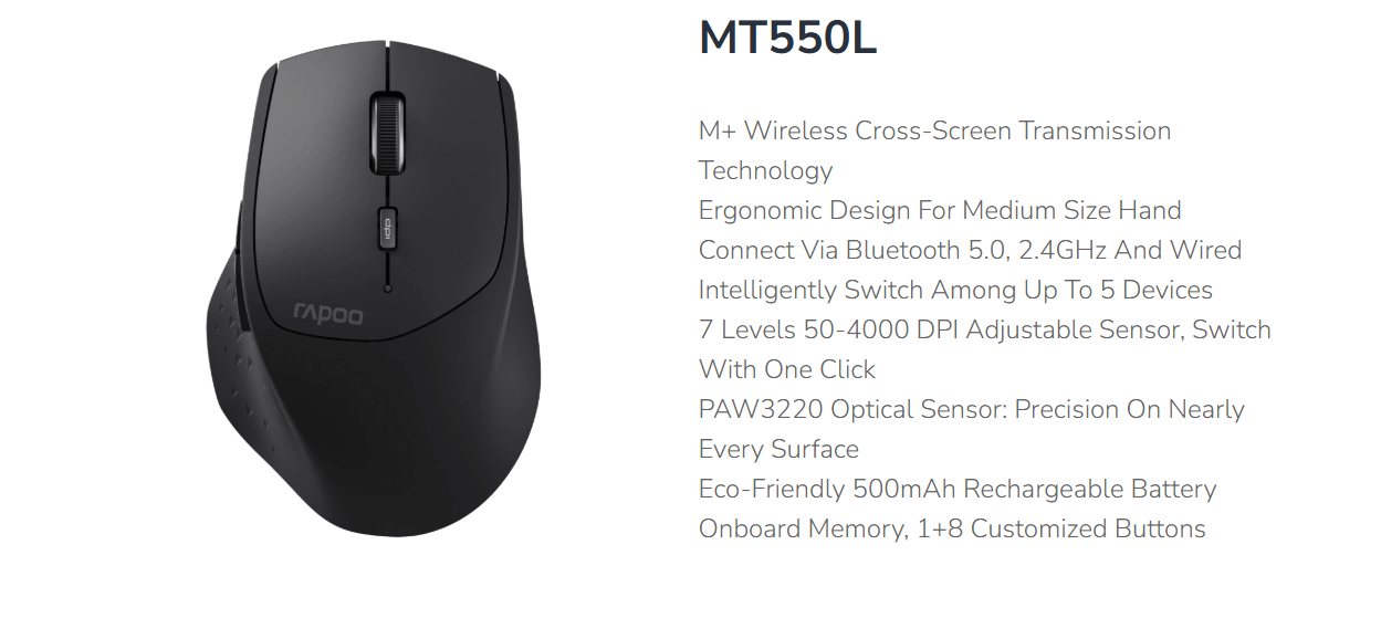 Rapoo MT550L Multi-mode Wireless Optical Mouse - Black [MT550L]